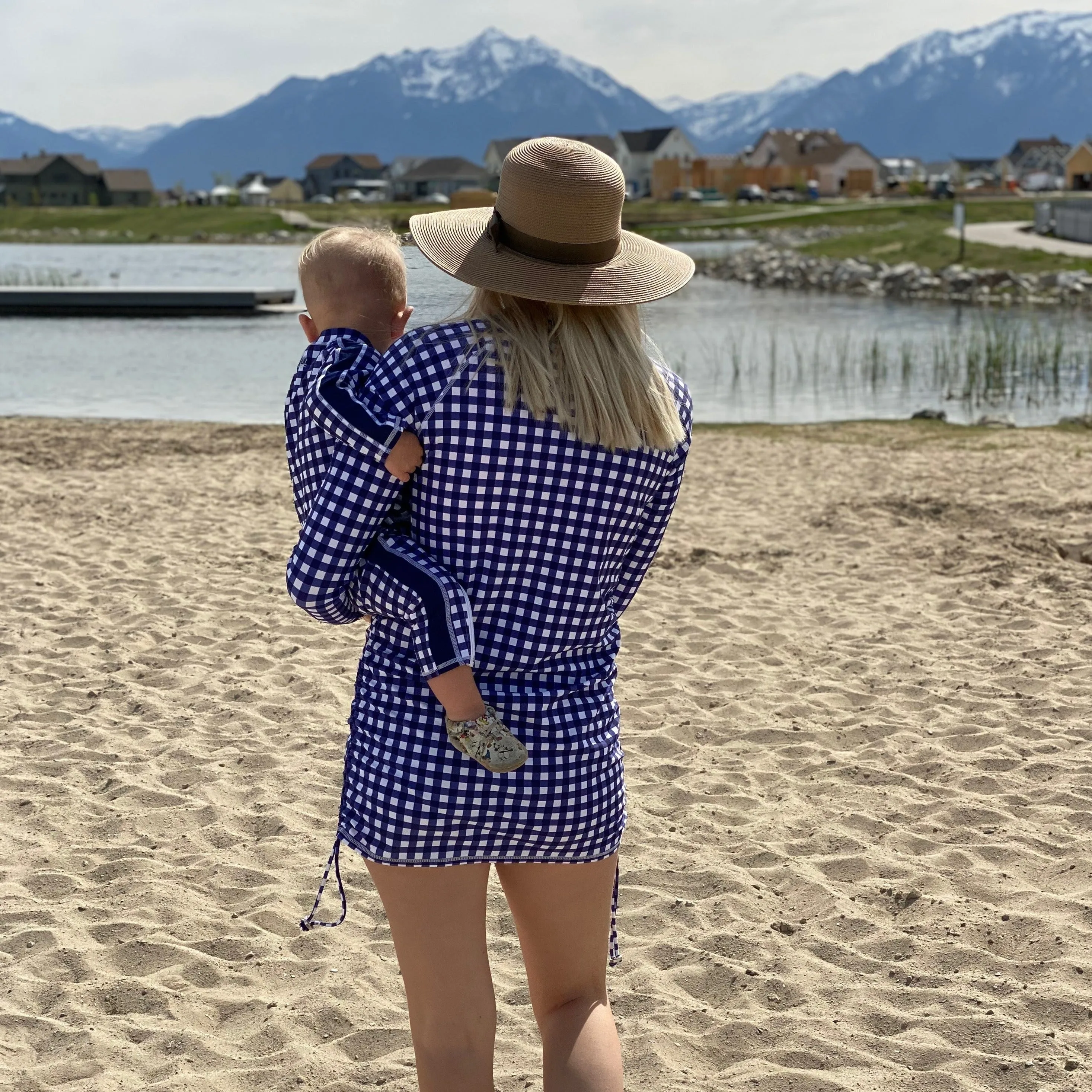 Women's Half Zip Swim Dress Cover Up | "Navy Gingham"