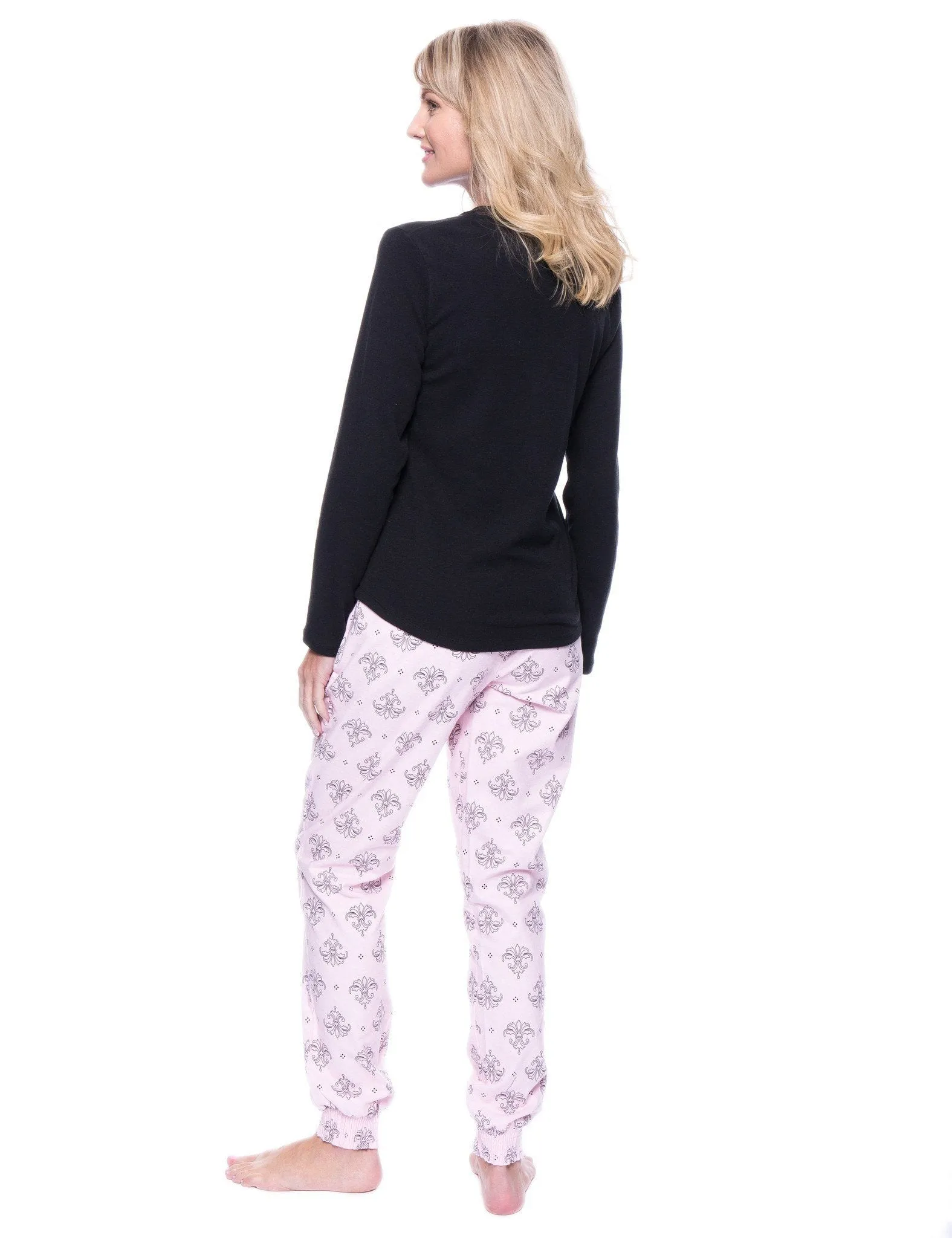 Women's Premium Flannel Jogger Lounge Set - Fleur Pink/Black